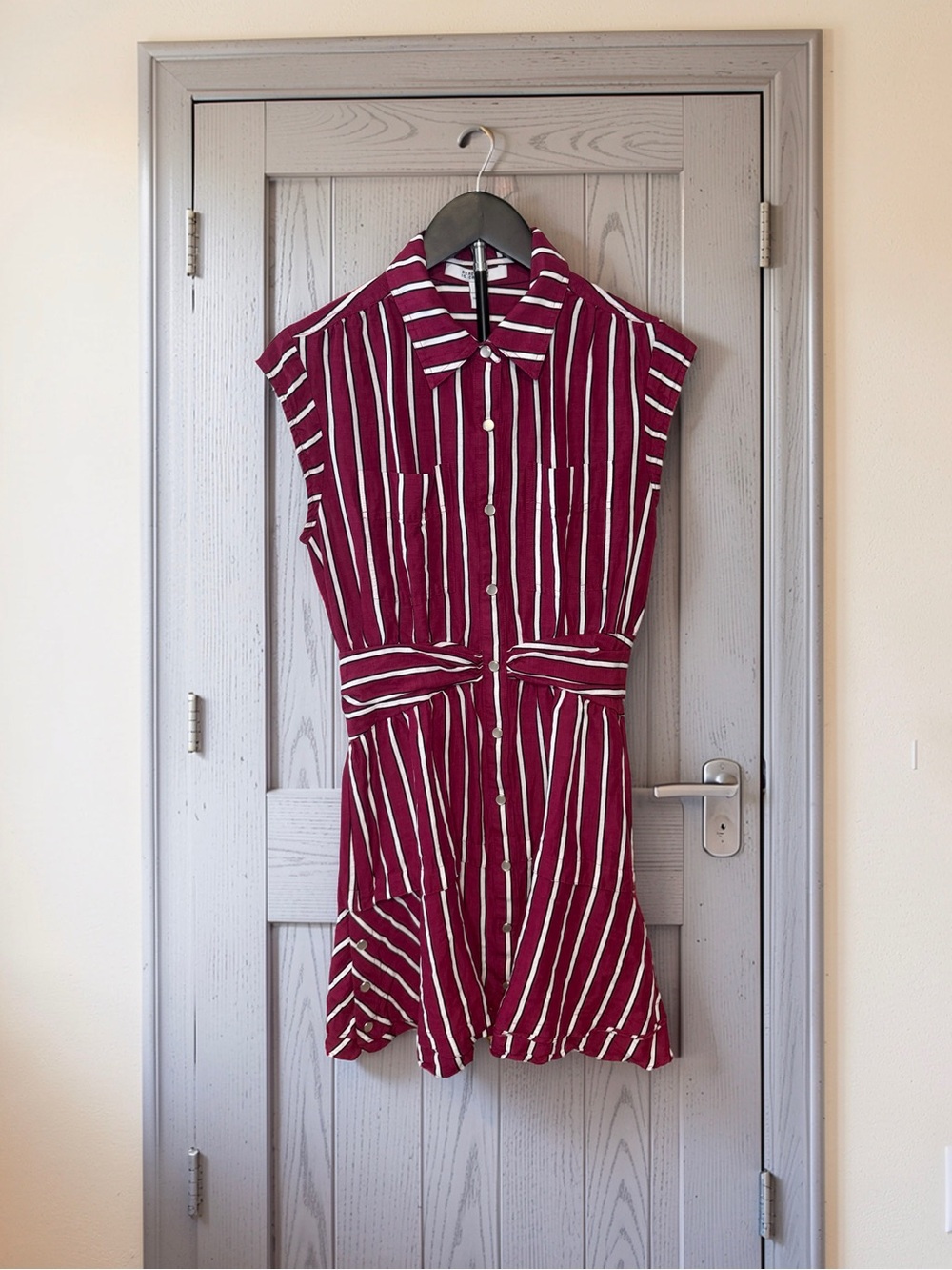 10 Crosby Derek Lam Burgundy and White Striped Sleeveless Shirt Dress